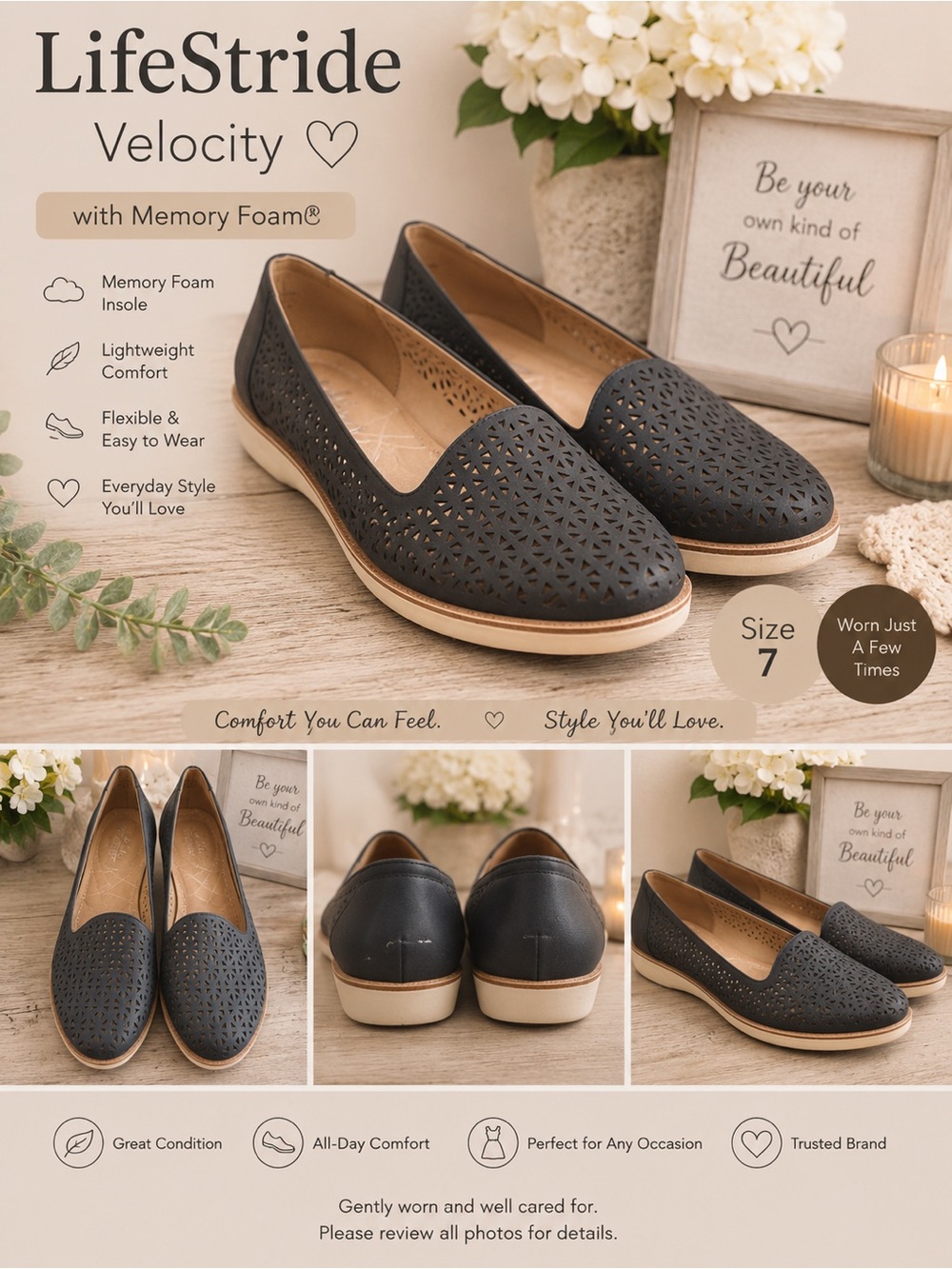 Life Stride Velocity Black Perforated Slip-zOn Flats - Size 7